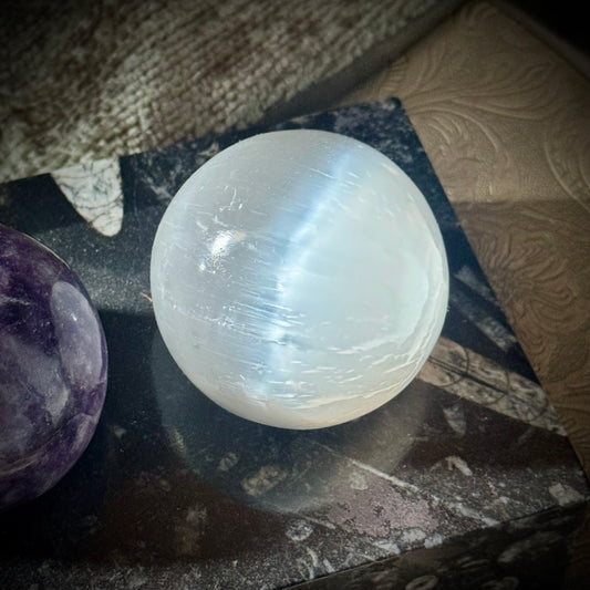 Calm In Between Light and Shadow - Trio of Lepidolite, Silver Sheen Obsidian and Selenite Spheres with Orthoceras Base