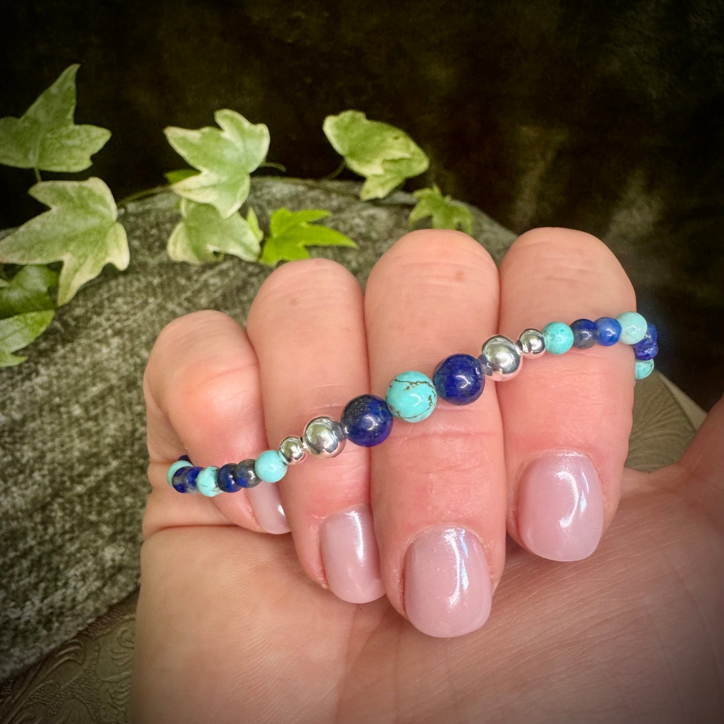 Turquoise & Lapis Lazuli Power Bracelet with 925 Sterling Silver plated Beads (4mm/6mm)