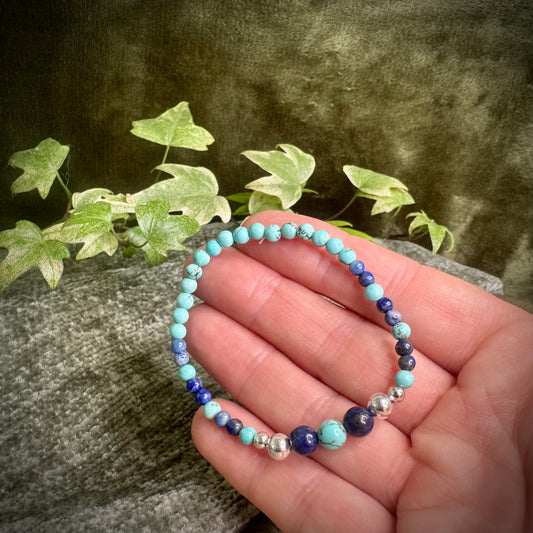 Turquoise & Lapis Lazuli Power Bracelet with 925 Sterling Silver plated Beads (4mm/6mm)