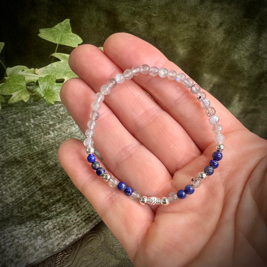 Labradorite & Lapis Lazuli Power Bracelet with 925 Sterling Silver Plated Beads (4mm)