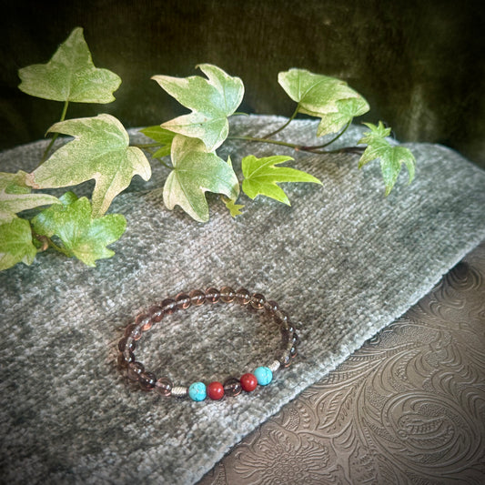 Red Jasper, Smoky Quartz & Turquoise Power Bracelet with 925 Sterling Silver Plated Beads (6mm)