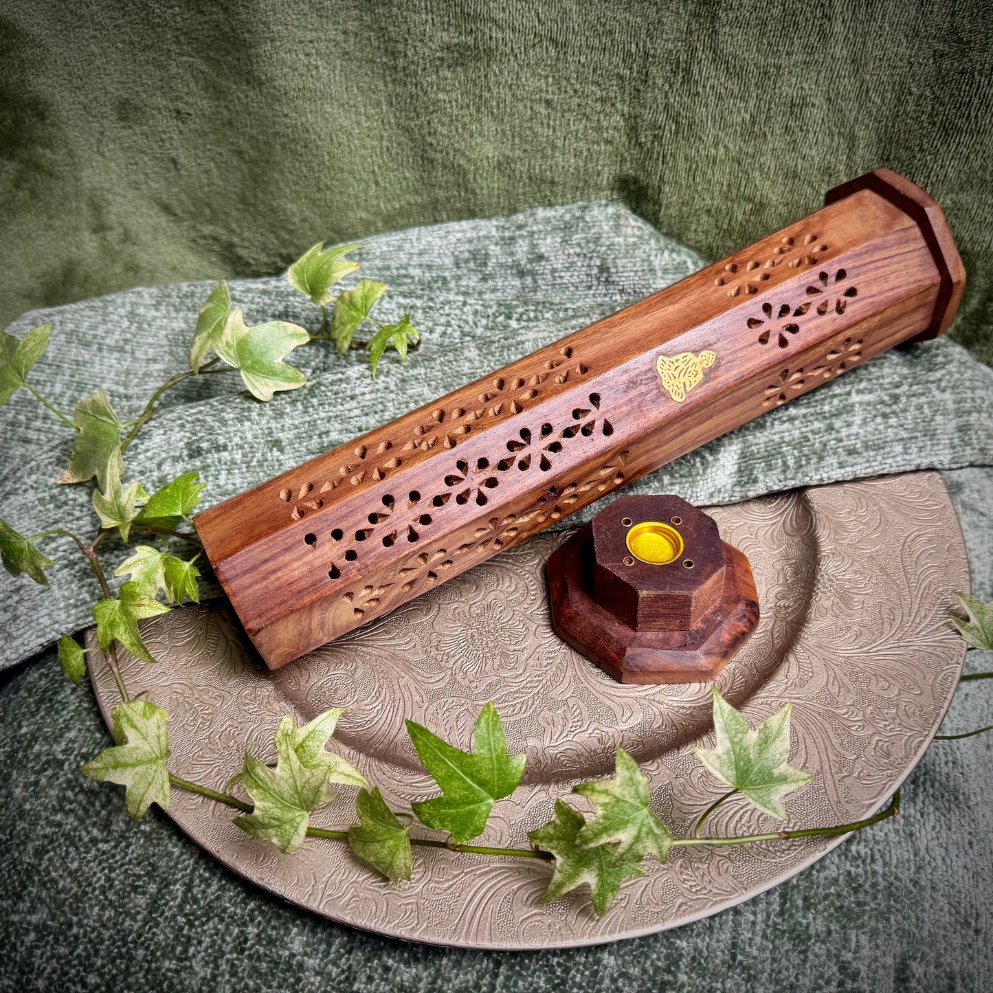 Carved Wooden Incense Tower with Brass Buddha Inlay
