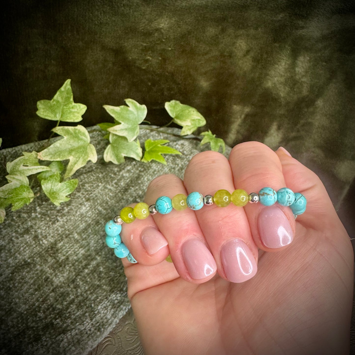 Turquoise & Peridot Power Bracelet with 925 Sterling Silver Plated Beads (6mm)