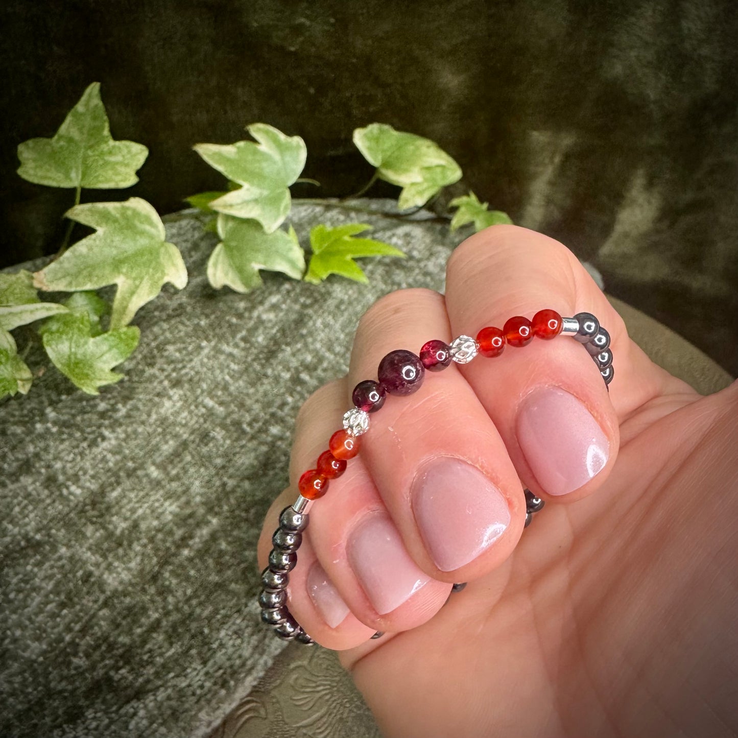 Hematite, Carnelian & Garnet Power Bracelet with 925 Sterling Silver Plated Decorative Beads (4mm)