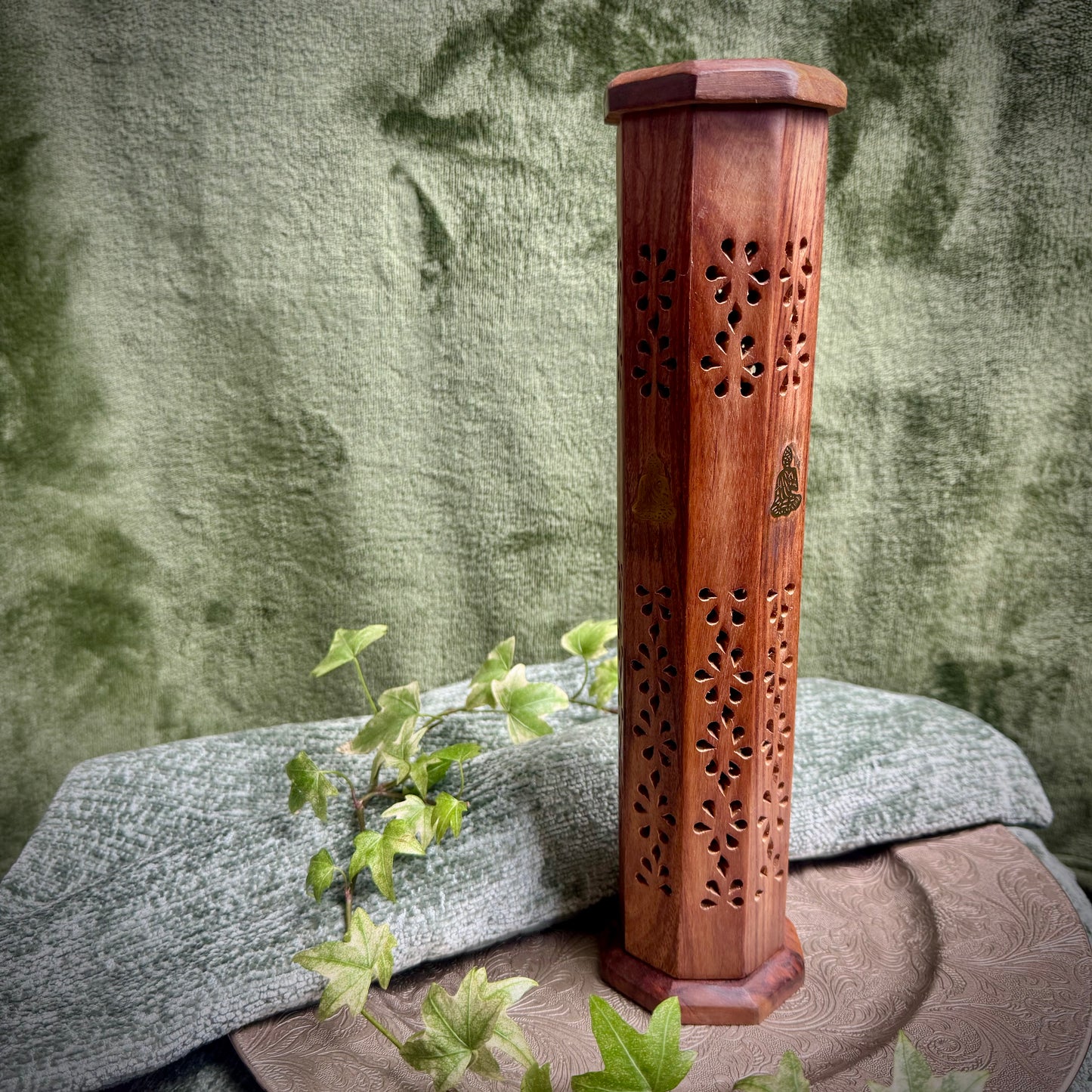 Carved Wooden Incense Tower with Brass Buddha Inlay