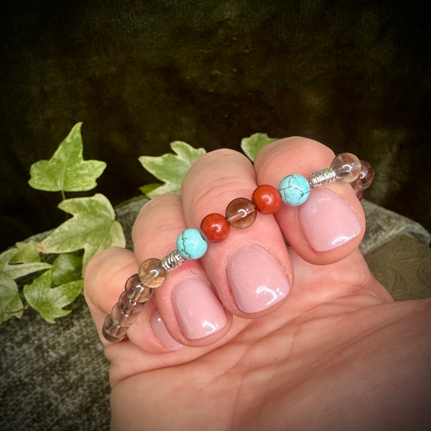 Red Jasper, Smoky Quartz & Turquoise Power Bracelet with 925 Sterling Silver Plated Beads (6mm)