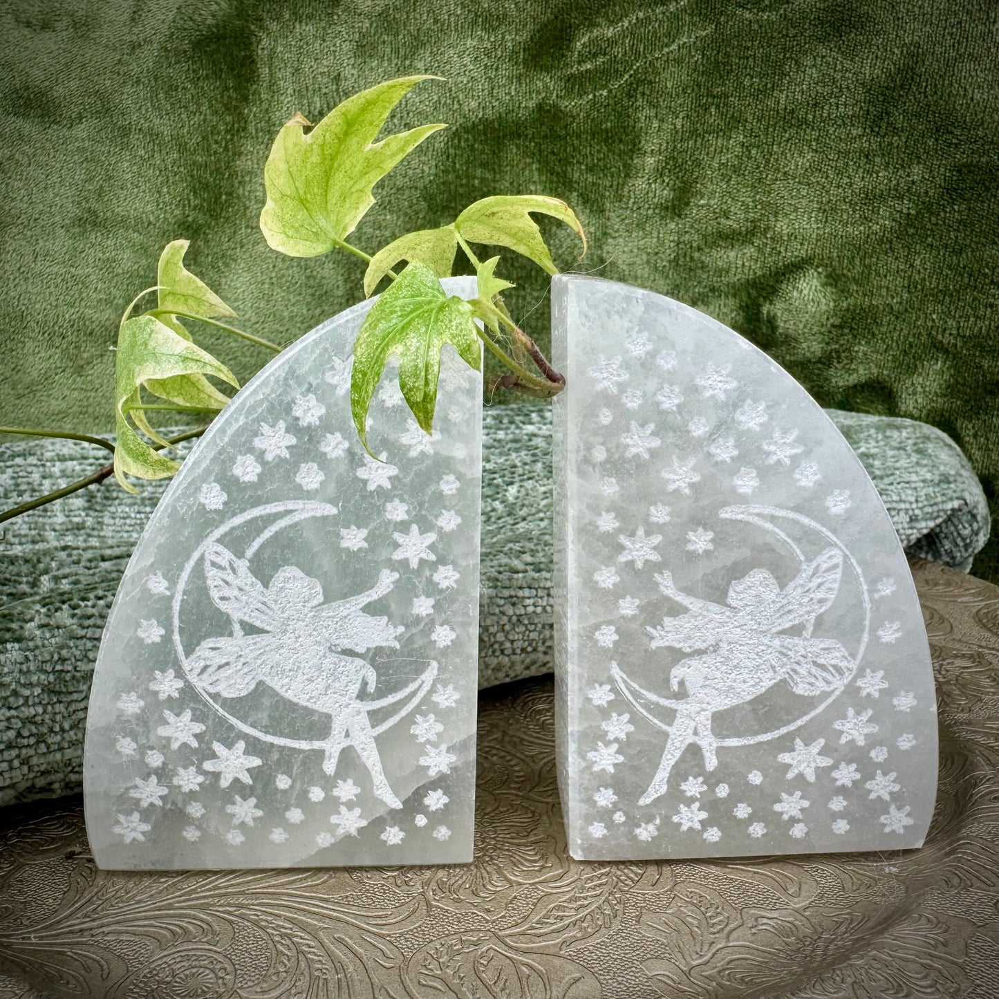 Selenite Fairy Engraved Bookends