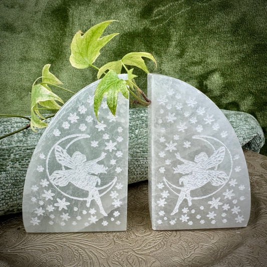 Selenite Fairy Engraved Bookends