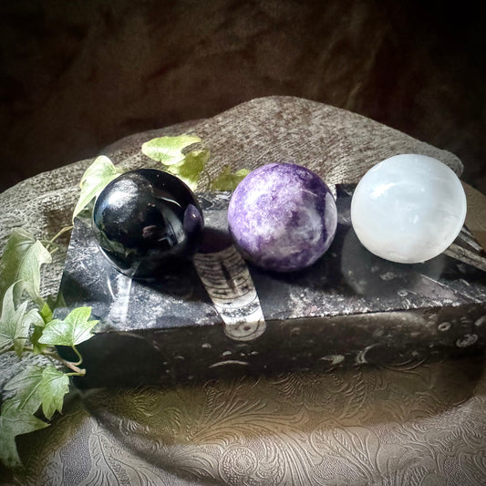 Calm In Between Light and Shadow - Trio of Lepidolite, Silver Sheen Obsidian and Selenite Spheres with Orthoceras Base