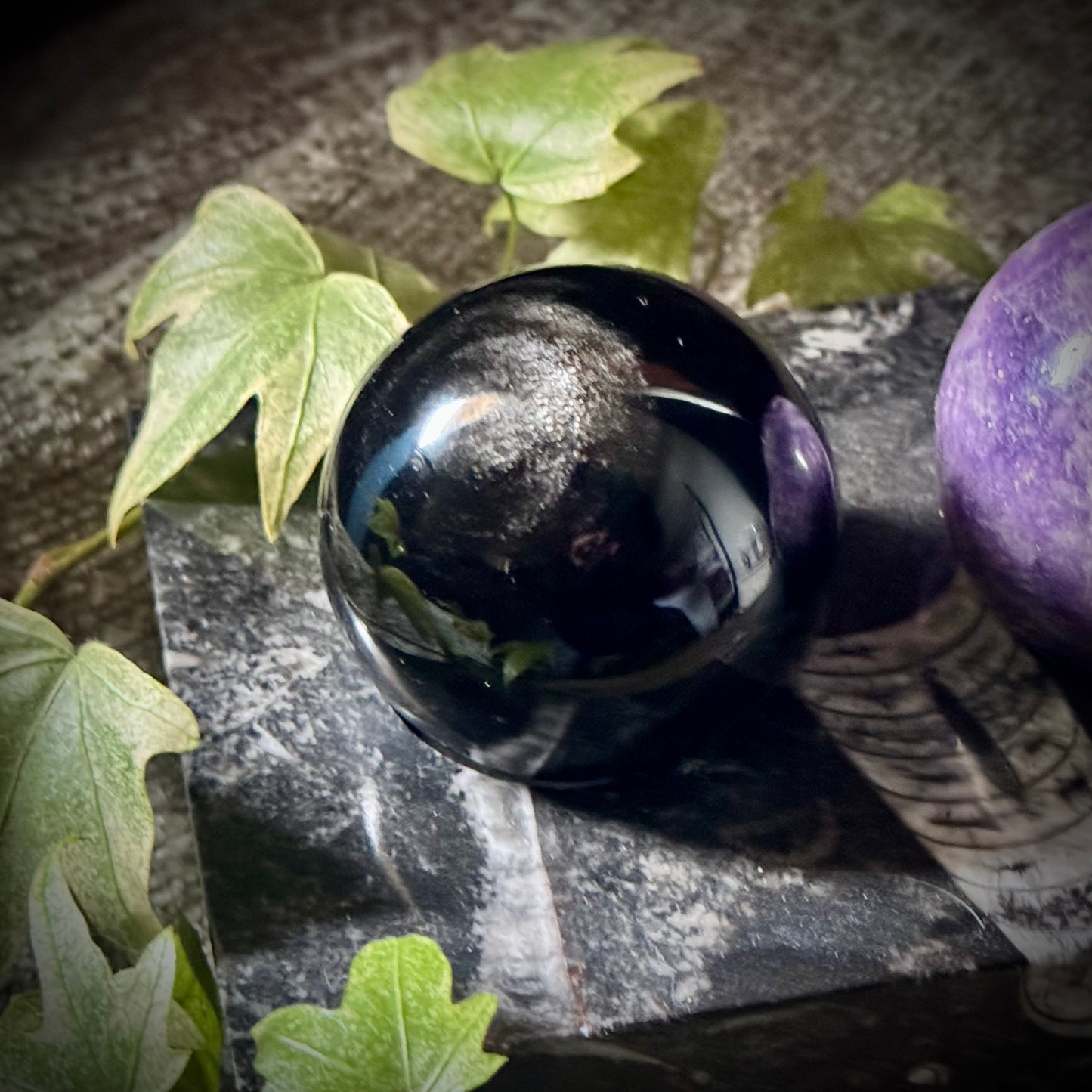 Calm In Between Light and Shadow - Trio of Lepidolite, Silver Sheen Obsidian and Selenite Spheres with Orthoceras Base