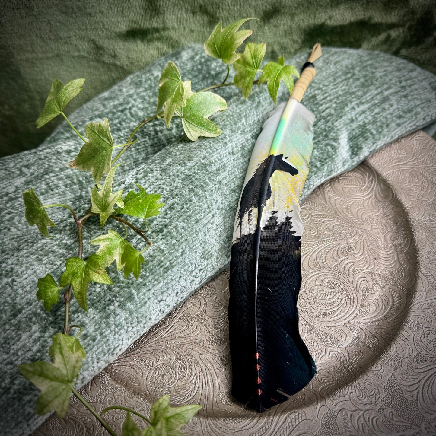 Authentic Hand-Painted Feather by Navajo Artist Phillip Nez - Horse