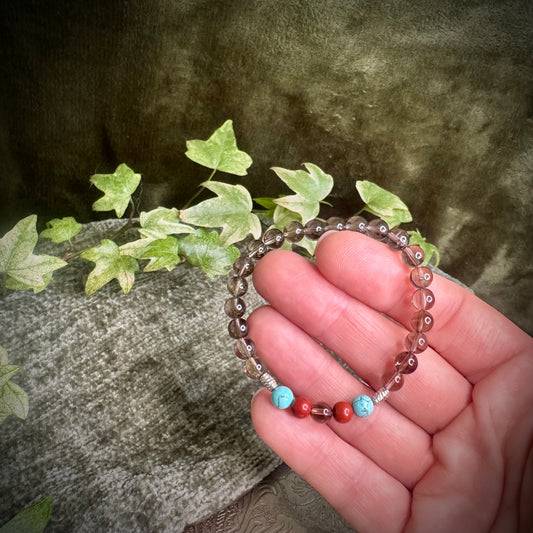 Red Jasper, Smoky Quartz & Turquoise Power Bracelet with 925 Sterling Silver Plated Beads (6mm)