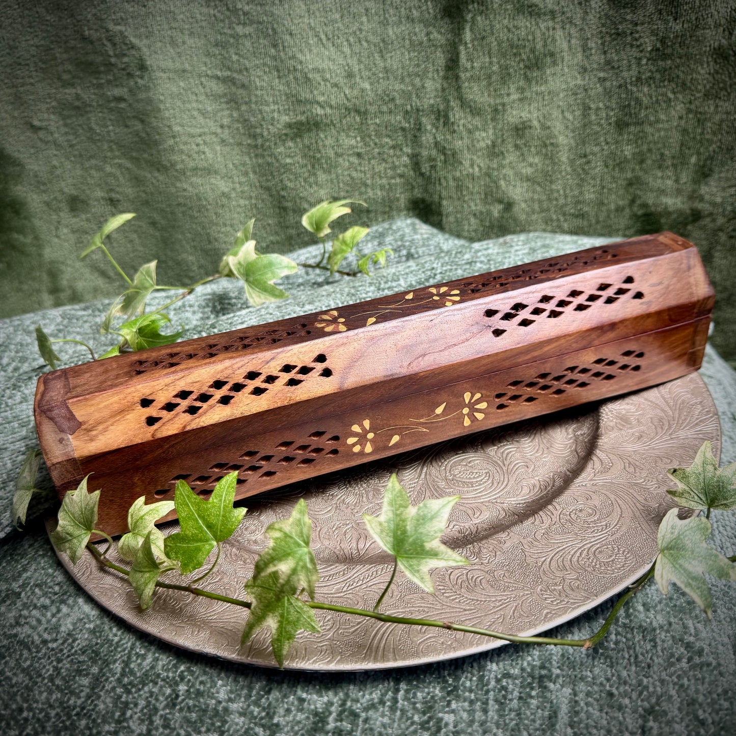 Incense Box with Brass Floral Inlay