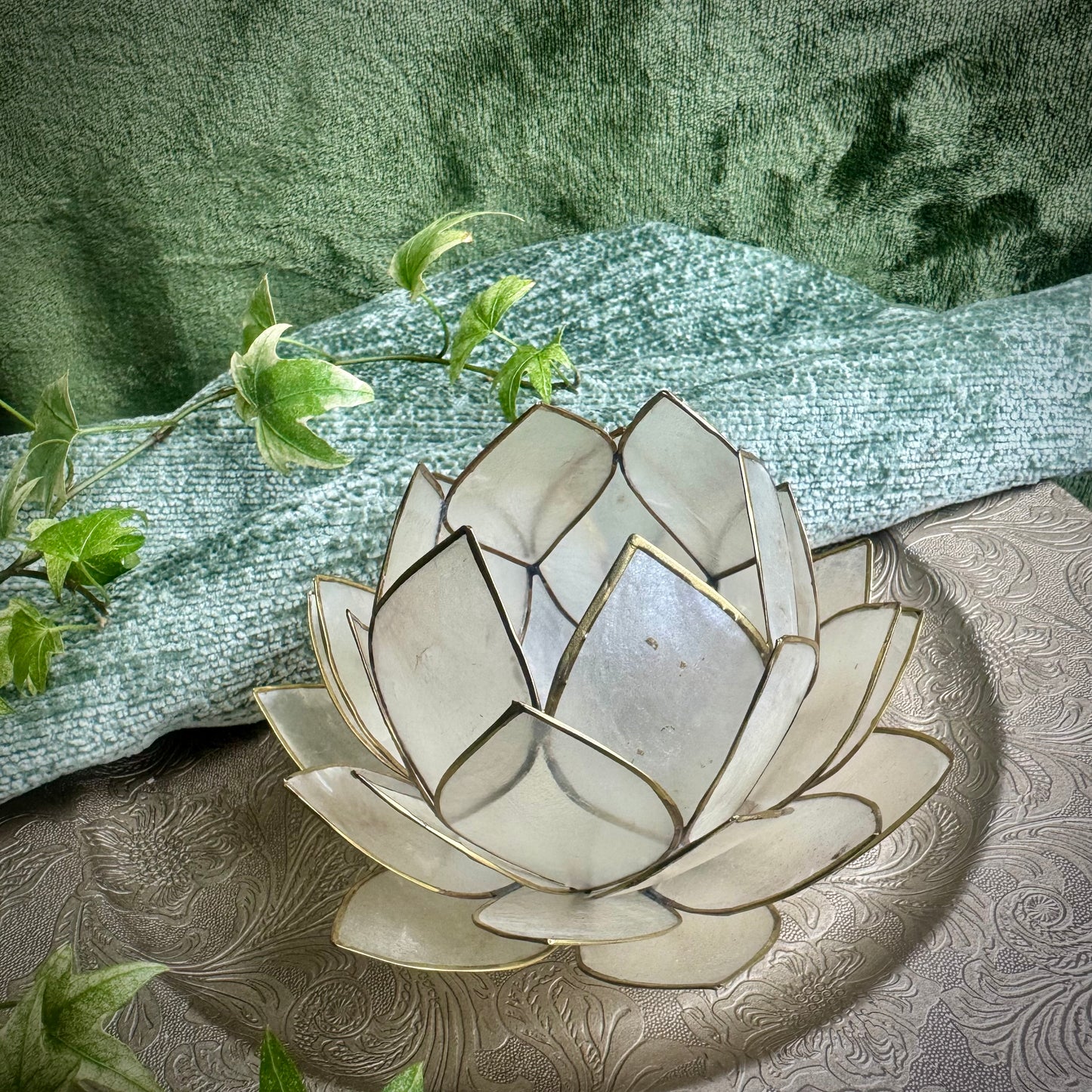 Natural Lotus Tea Light Candle Holder – Capiz Shell with Gold Trim (Large)