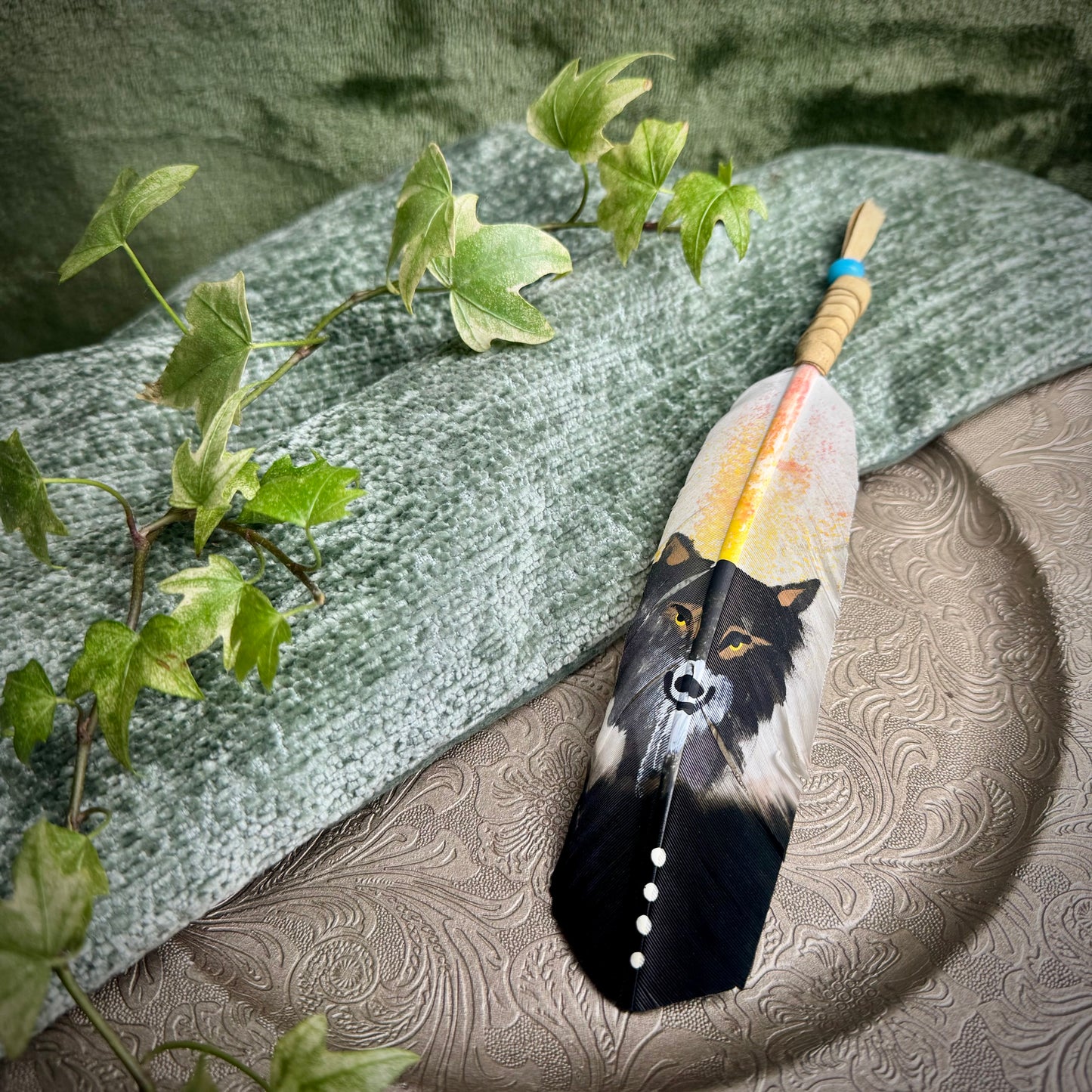 Authentic Hand-Painted Feather by Navajo Artist Phillip Nez - Wolf