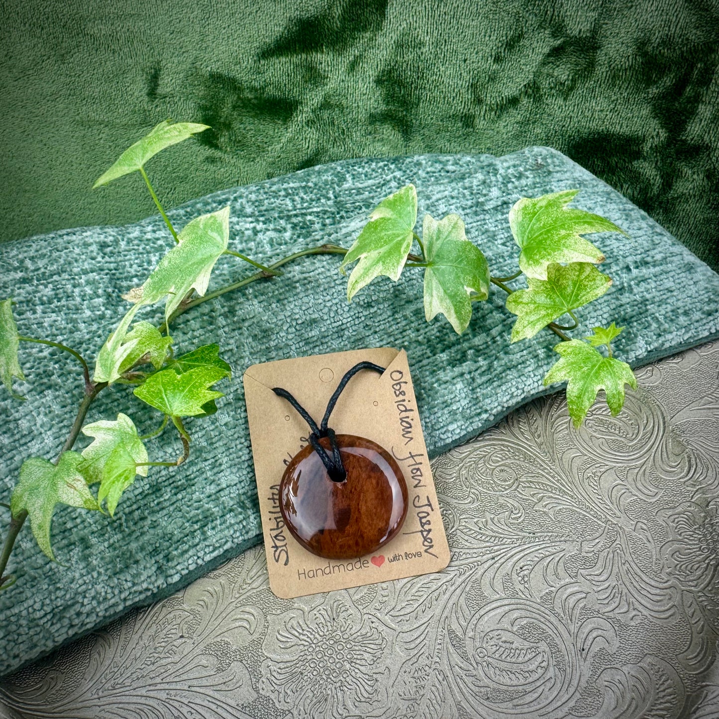 Obsidian Flow Jasper Polished Palmstone Crystal Necklace