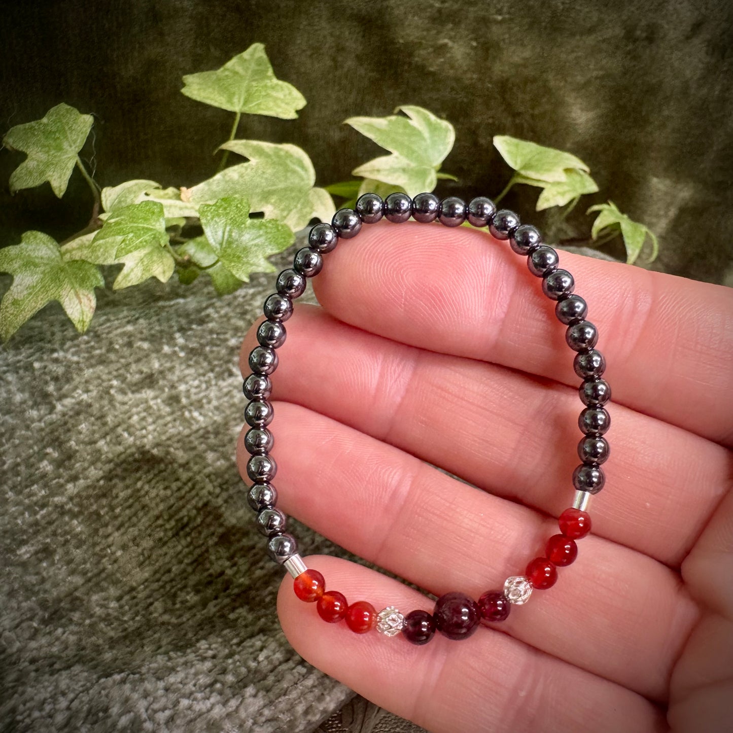 Hematite, Carnelian & Garnet Power Bracelet with 925 Sterling Silver Plated Decorative Beads (4mm)