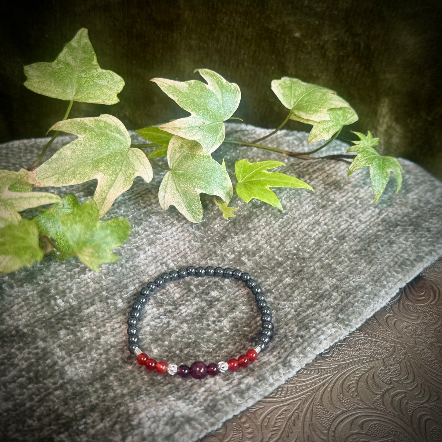 Hematite, Carnelian & Garnet Power Bracelet with 925 Sterling Silver Plated Decorative Beads (4mm)